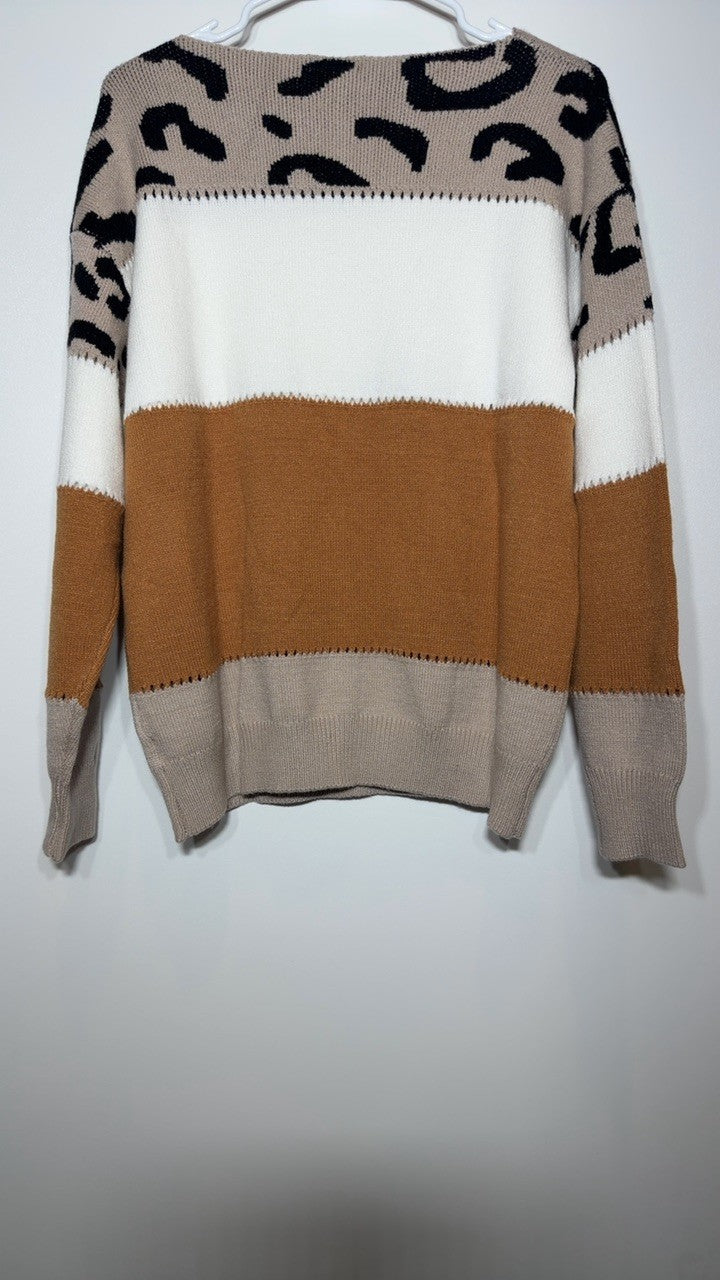 Full Size Leopard Color Block Long Sleeve Sweater Plus Size