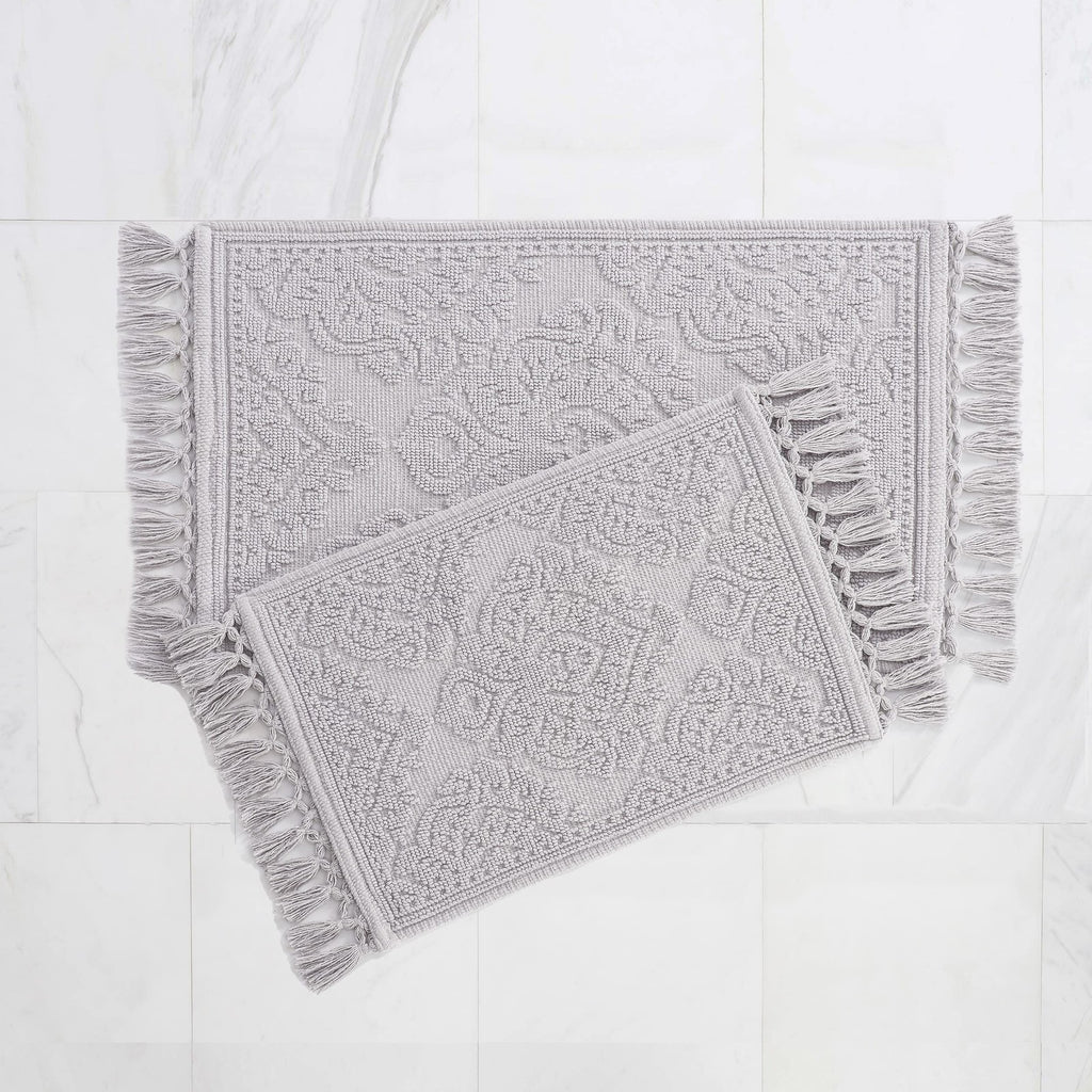 Ricardo Bath Mats Set, 100% Cotton, Light Gray, Woven Fringe Design