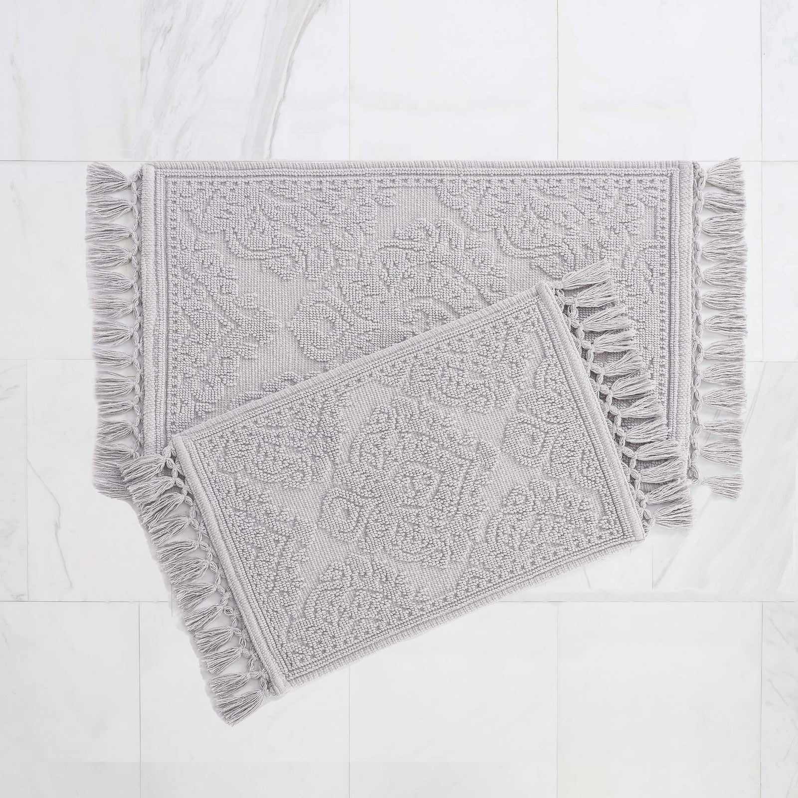 Ricardo Bath Mats Set, 100% Cotton, Light Gray, Woven Fringe Design