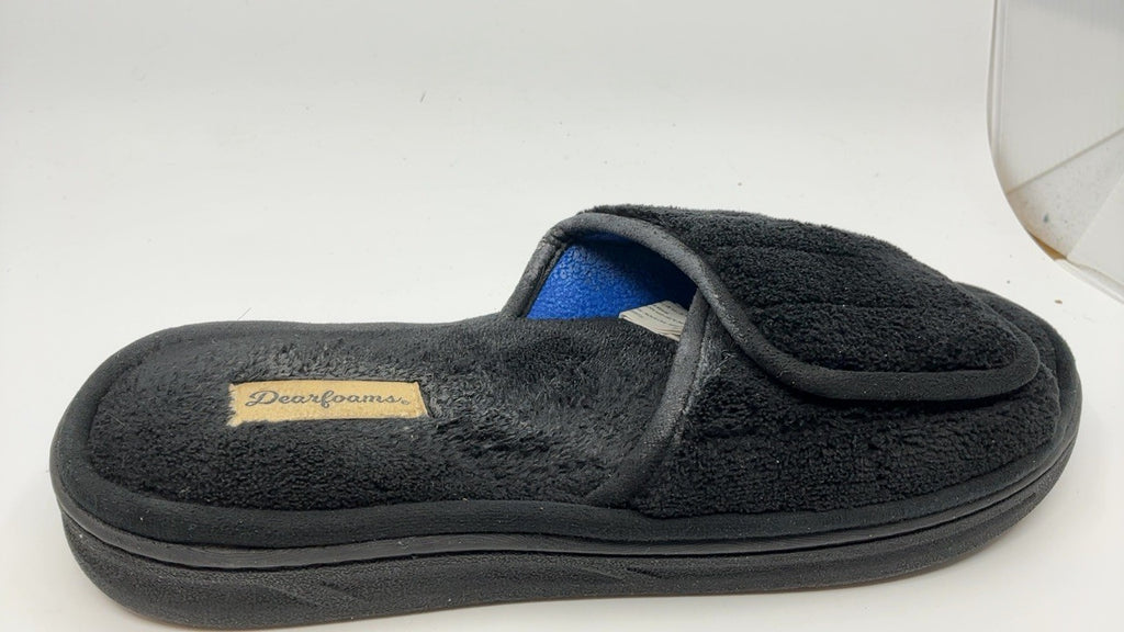 Dearfoams Men's Adjustable Memory Foam Slide Slipper, Black, 9-10