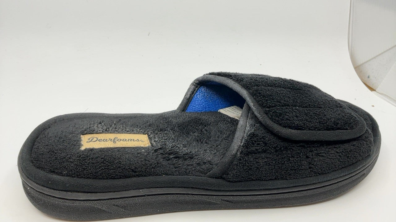 Dearfoams Men's Adjustable Memory Foam Slide Slipper, Black, 9-10