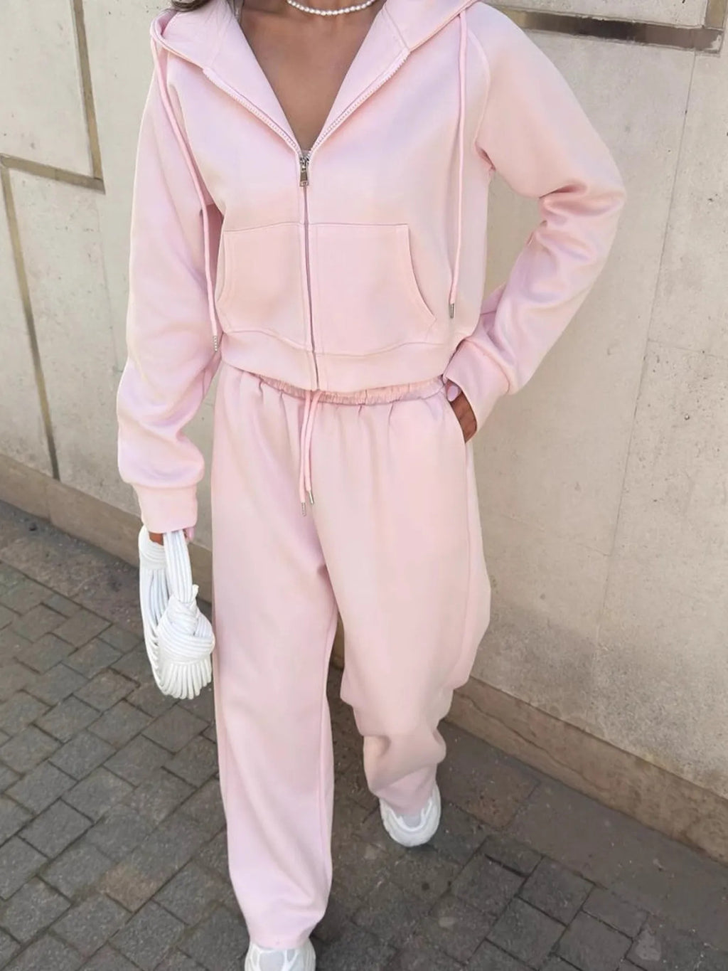 Zip Up Drawstring Hoodie and Pants Set