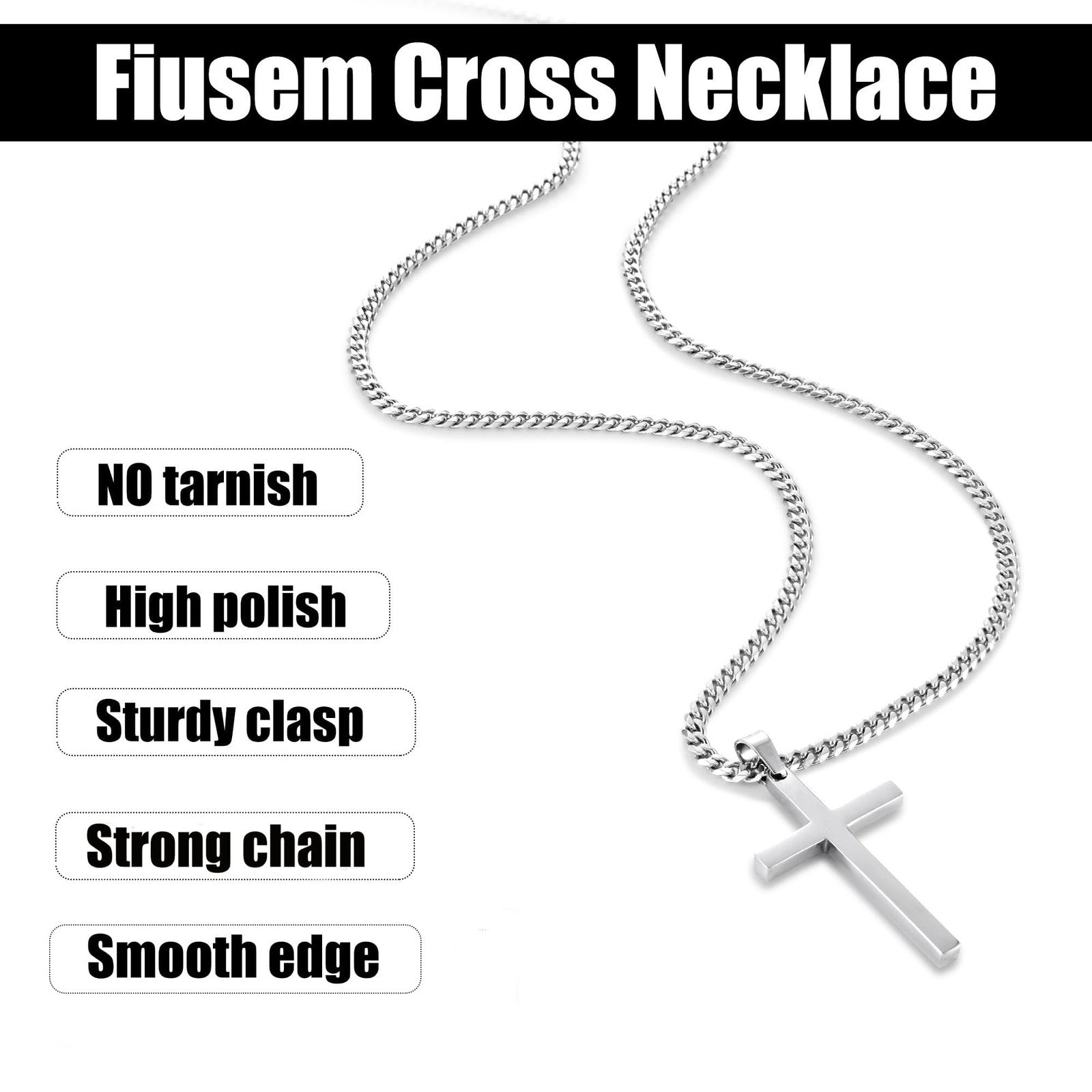 Silver Cross Necklace for Men, 20In Chain, Stainless Steel, Hypoallergenic