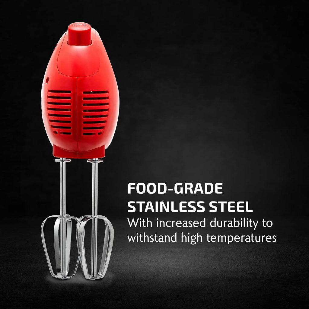OVENTE Red Hand Mixer HM151R, 150W, 5-Speed w/ Stainless Steel Whisks