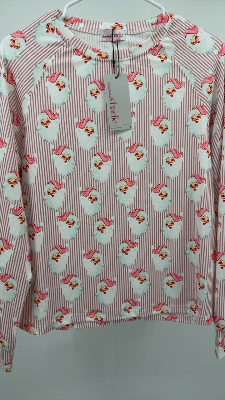 Santa Print Long Sleeve Top and Pants Lounge Set