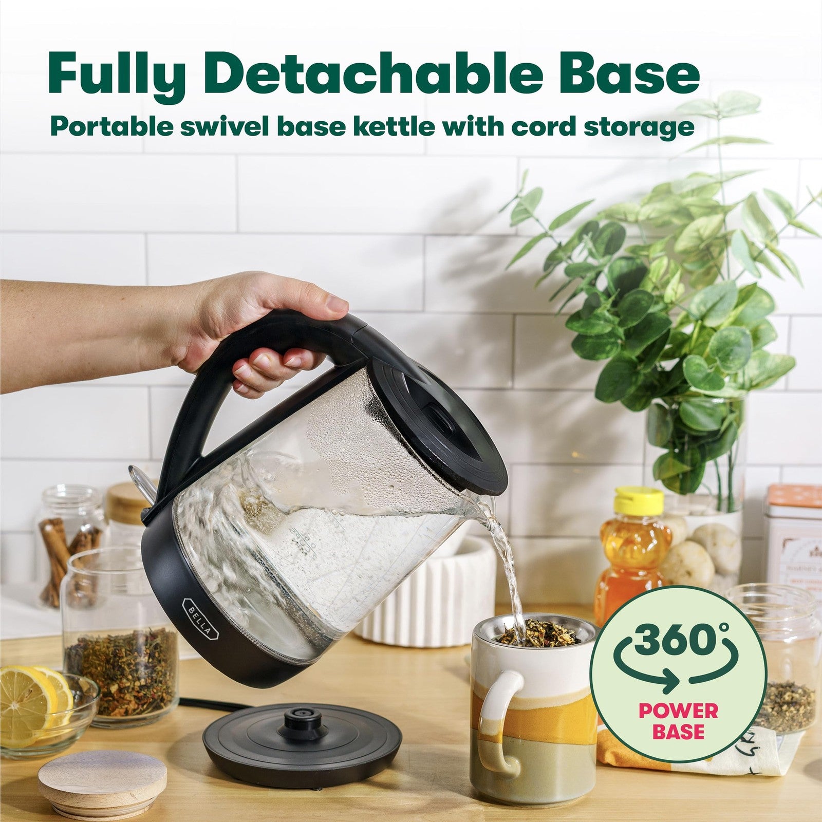 BELLA 1.7L Electric Kettle, Black, Cordless, Boil 7 Cups in 6-7 Min