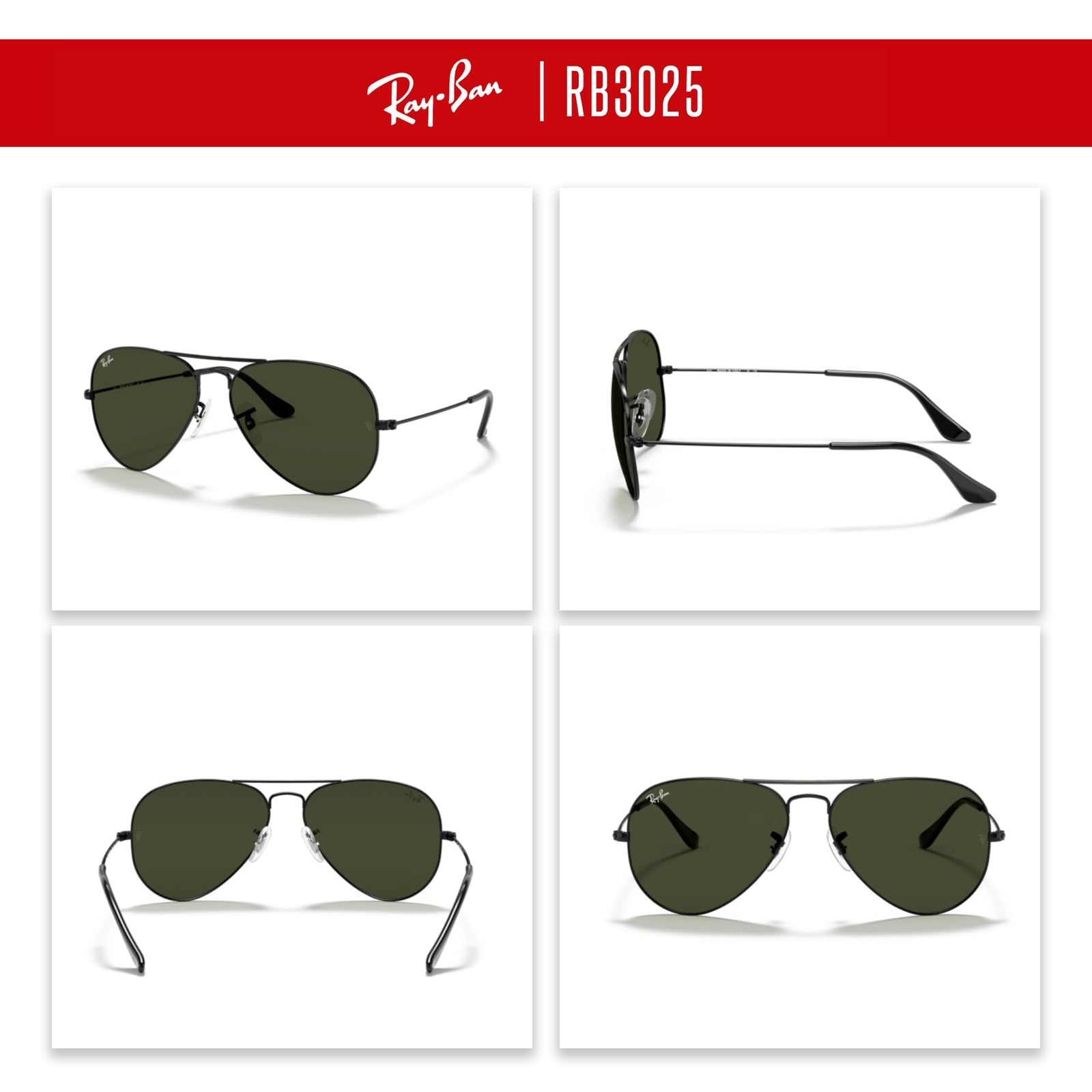 Ray-Ban RB3025 Aviator Metal Sunglasses L2823 Black G-15 Green + Accessories