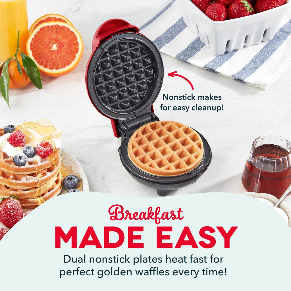 Mini Waffle Maker 4 In, DASH Nonstick Iron for Quick Breakfasts, Red
