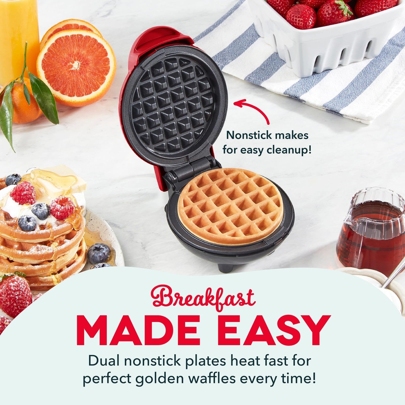 Mini Waffle Maker 4 In, DASH Nonstick Iron for Quick Breakfasts, Red