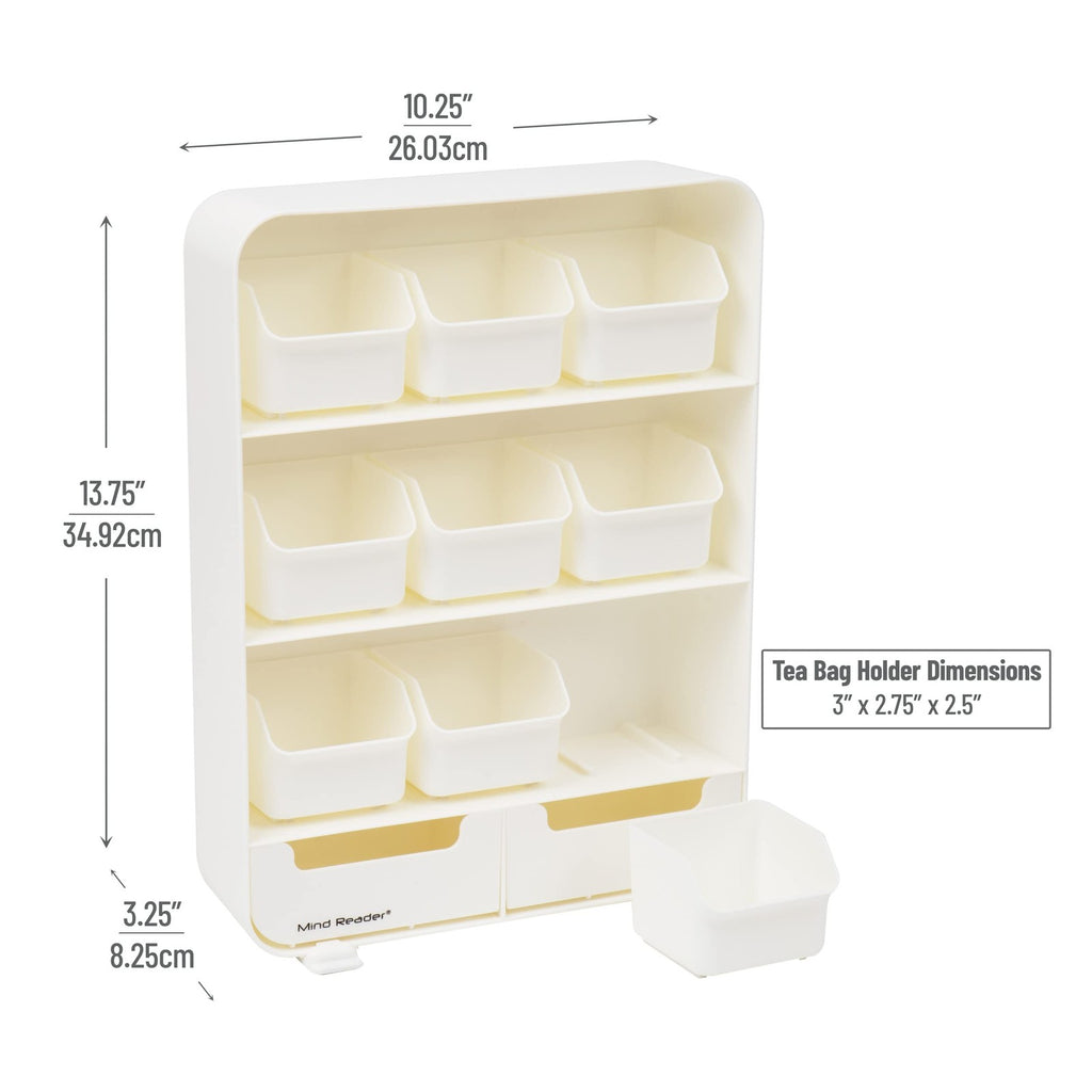 Compact Tea Station Organizer, 11-Drawer, White Plastic, 10.25"L