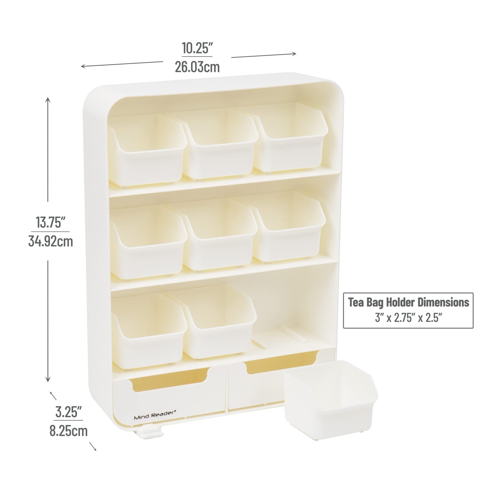 Compact Tea Station Organizer, 11-Drawer, White Plastic, 10.25"L