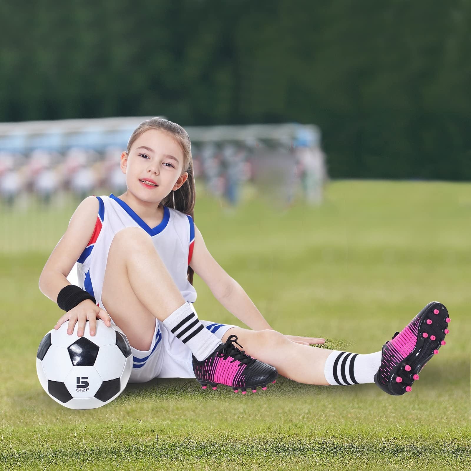 Boys Girls Soccer Cleats Size 2 Black/Fuchsia Athletic Shoes