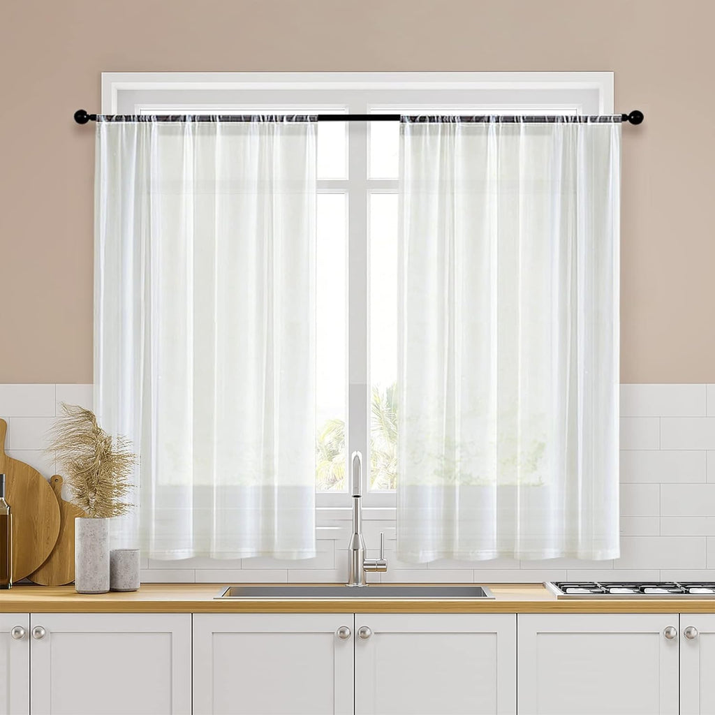 Short Off White Voile Kitchen Curtains 34x40 In, 2 Panels Light Filtering