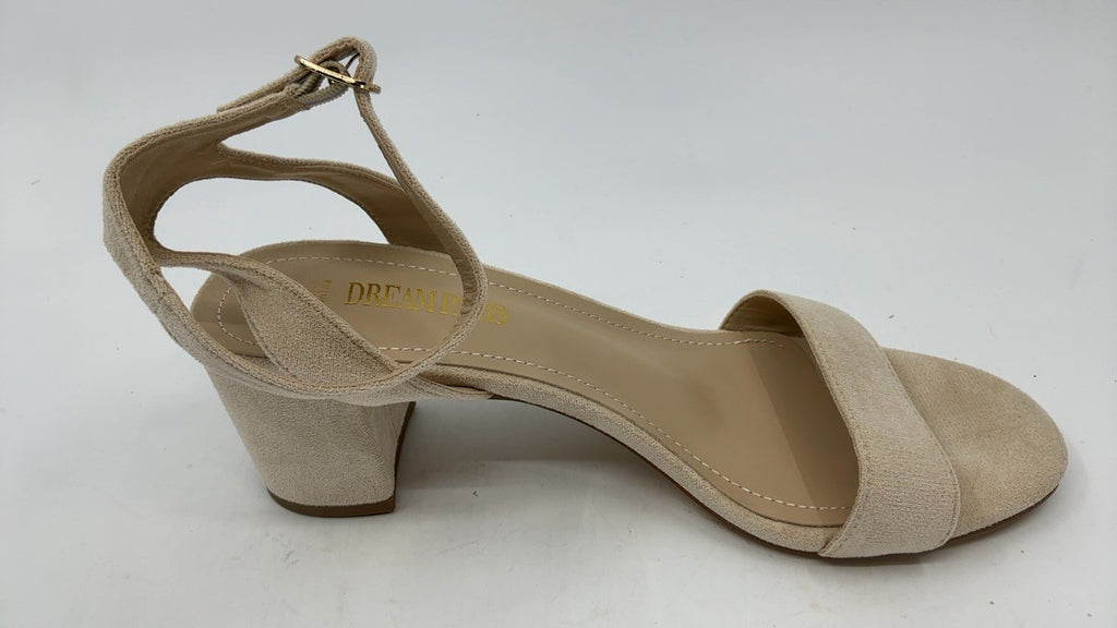 Open Toe Ankle Strap Chunky Heels Sandals, Size 9.5, Nude/Suede