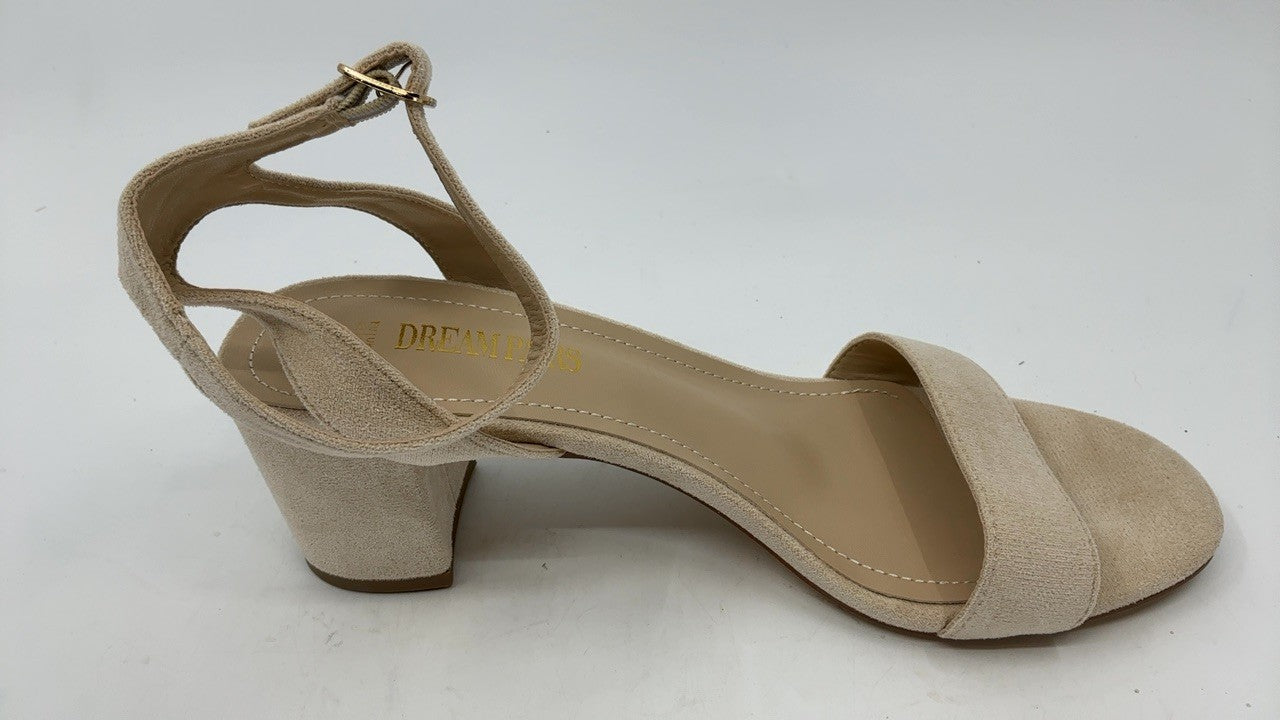 Open Toe Ankle Strap Chunky Heels Sandals, Size 9.5, Nude/Suede