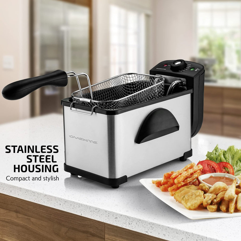 OVENTE FDM2201BR Deep Fryer, 2L, Adjustable Temp, Stainless Steel, Silver
