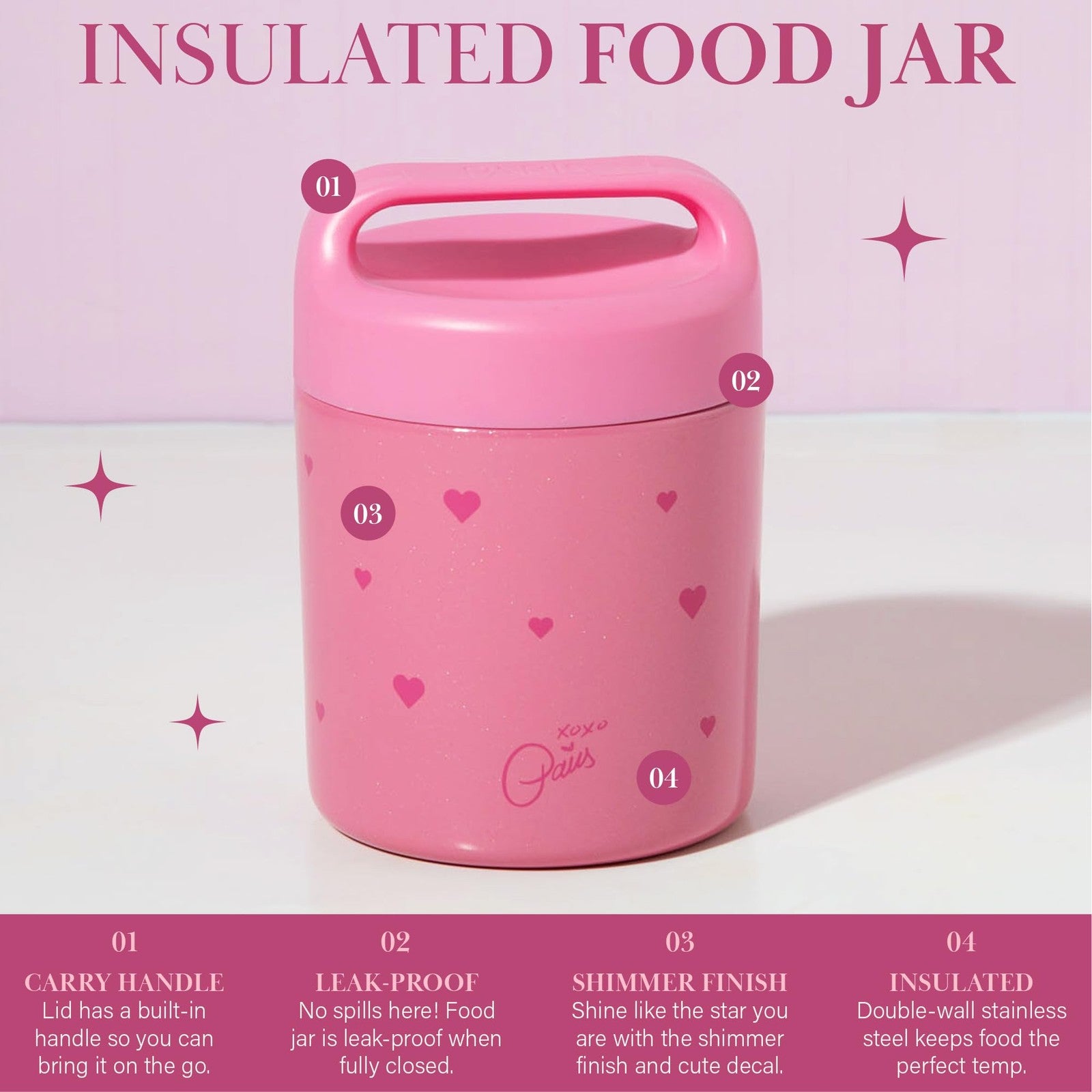 Insulated 12-Ounce Food Jar Pink Hearts, Double Wall Stainless Steel