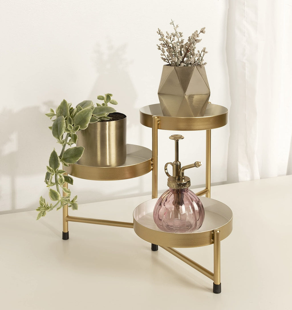 Compact 3-Tier Plant Stand 7.25in White/Gold Metal Decorative Tabletop