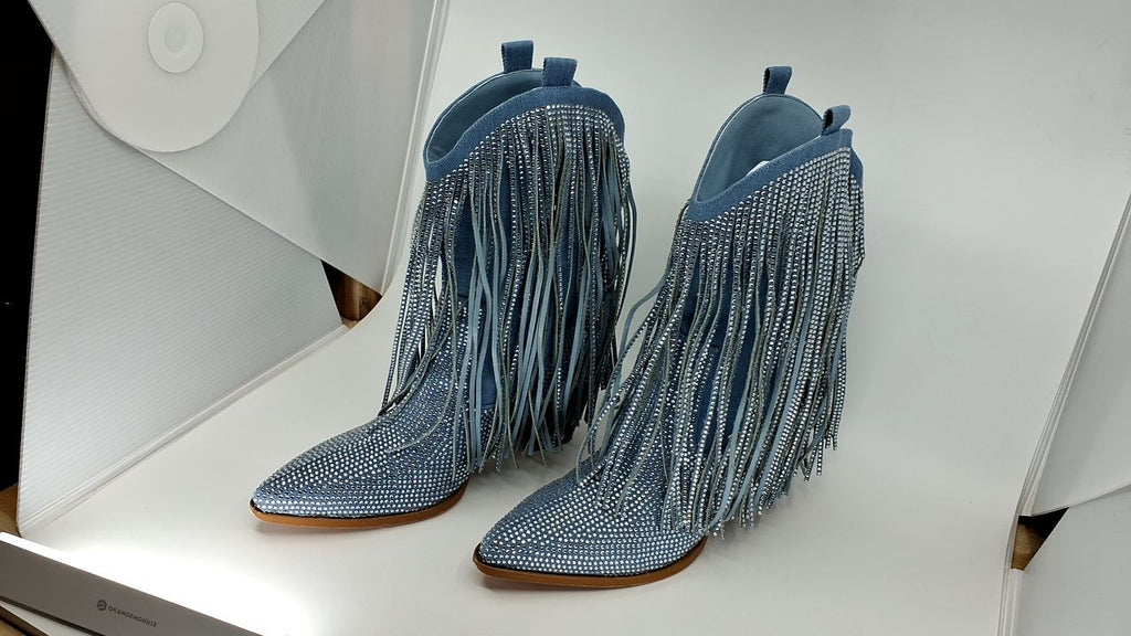 Women’s Cowboy Boots, Chunky Heel, Pointed Toe, Denim, Size 9.5