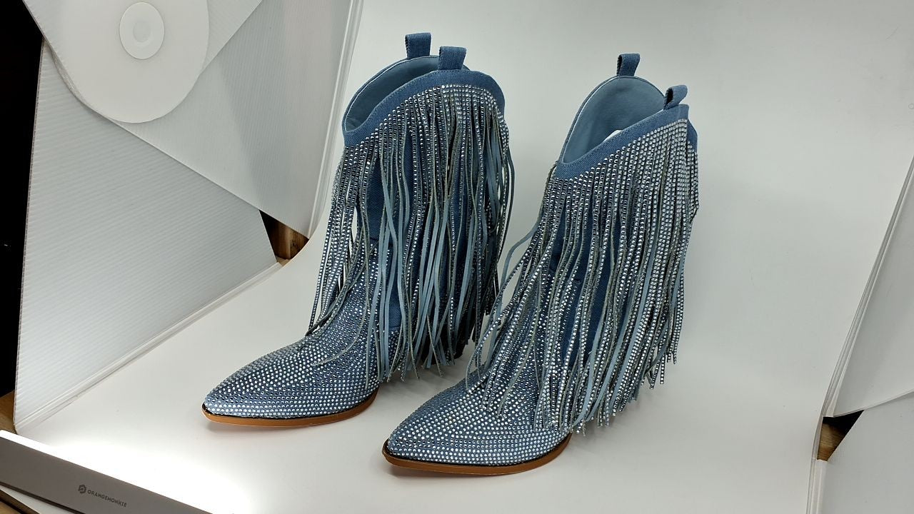 Women’s Cowboy Boots, Chunky Heel, Pointed Toe, Denim, Size 9.5