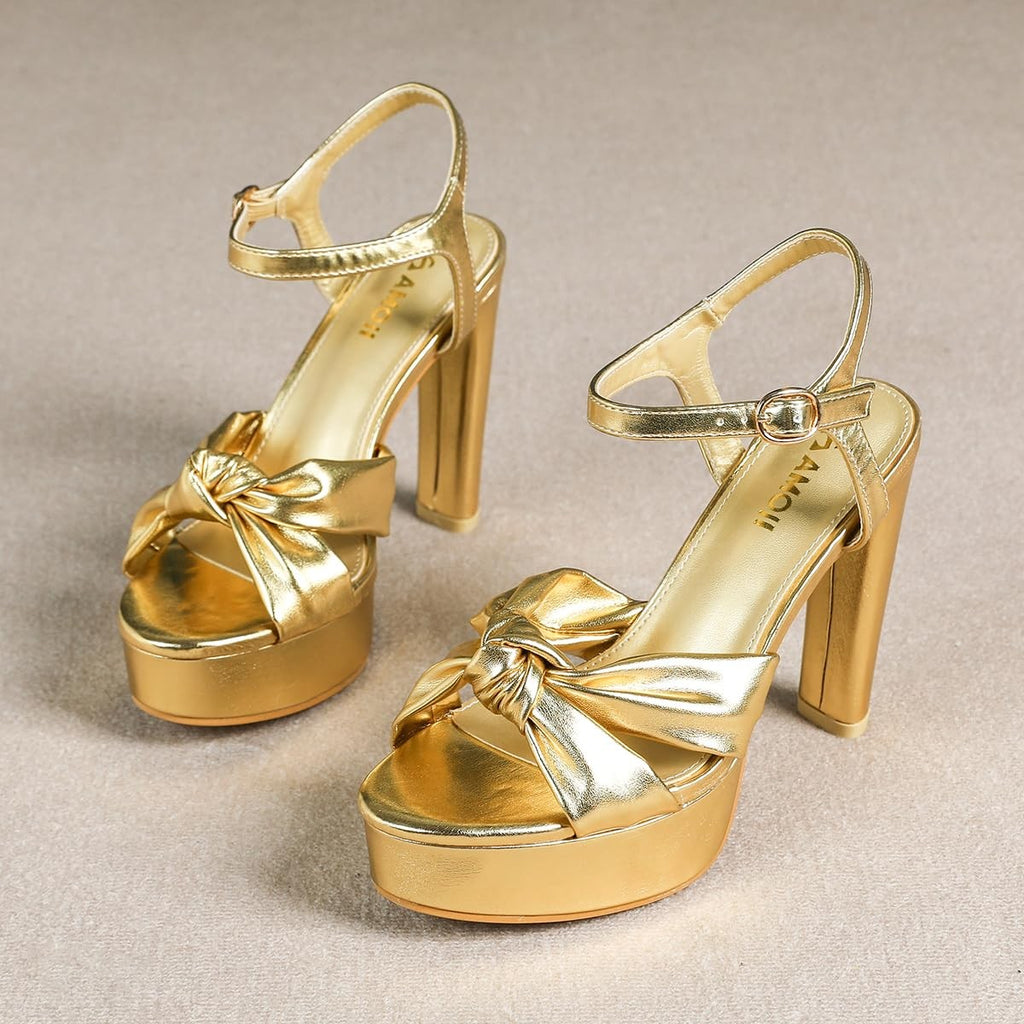 Amoji 4 Inch Platform Heels Braid Knot Chunky Sandals Gold Size 7.5
