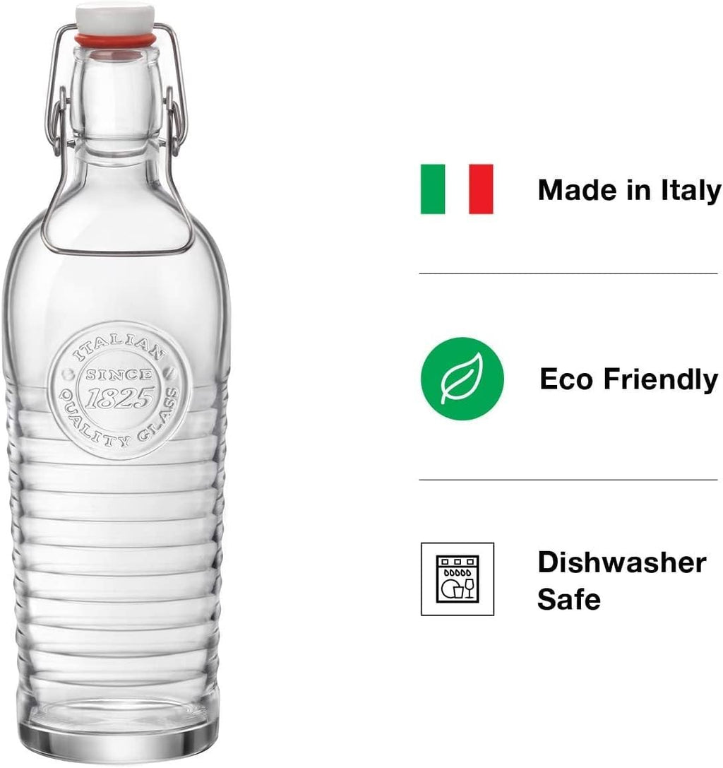Bormioli Rocco 37.25 oz Glass Water Bottle, Airtight Seal, Eco-Friendly