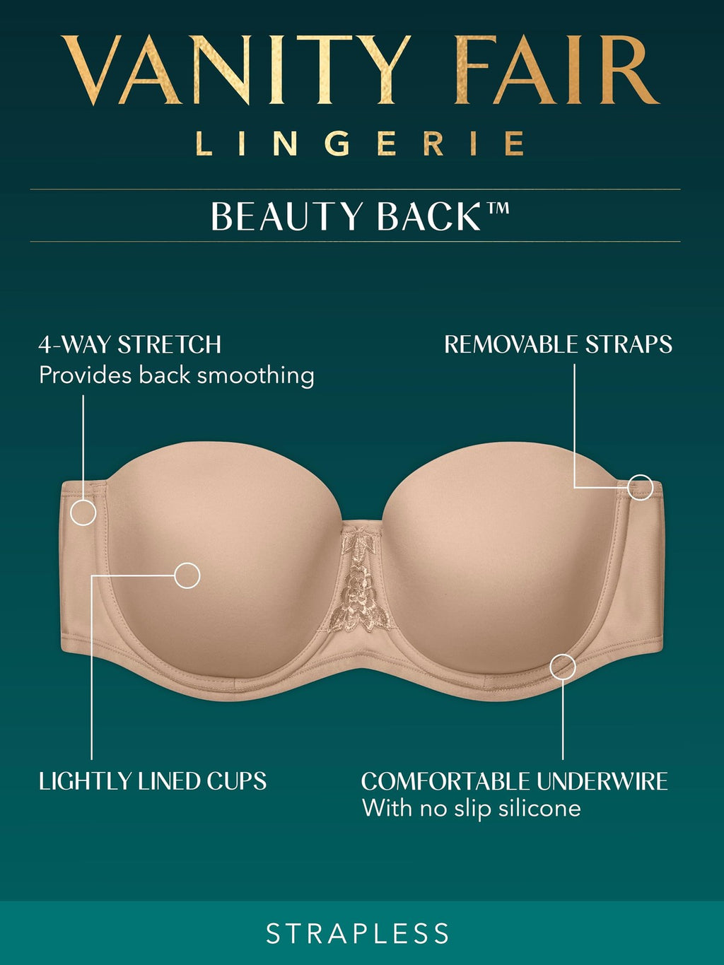 Beauty Back Smoothing Strapless Bra 38D Rose Beige by Vanity Fair