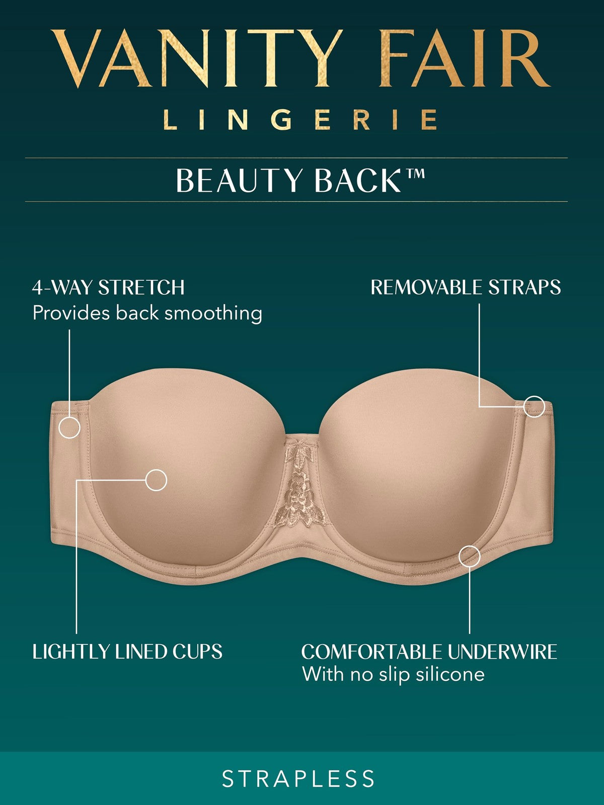 Beauty Back Smoothing Strapless Bra 38D Rose Beige by Vanity Fair