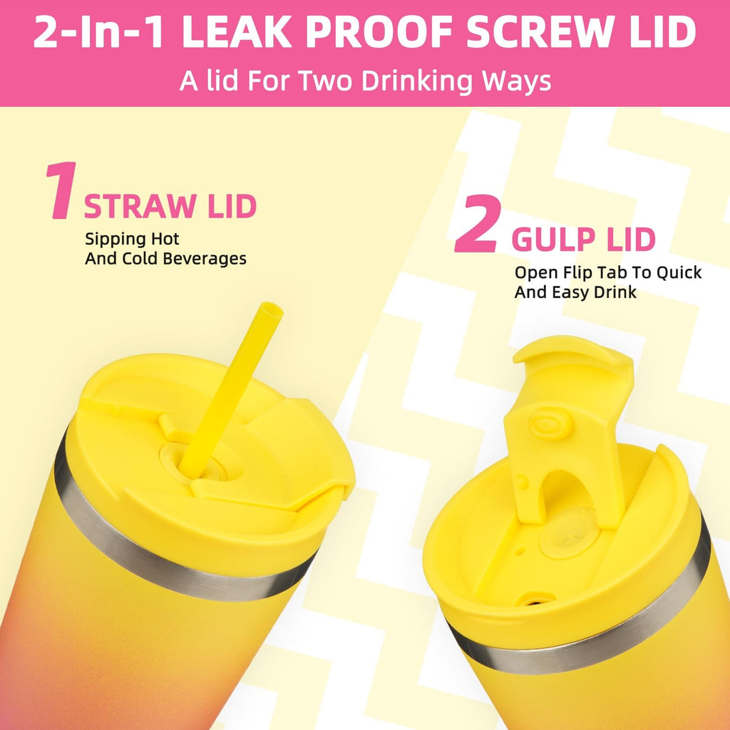 Insulated 26oz Tumbler w/ Lid & Straw, Stainless Steel, Pink Yellow Rose