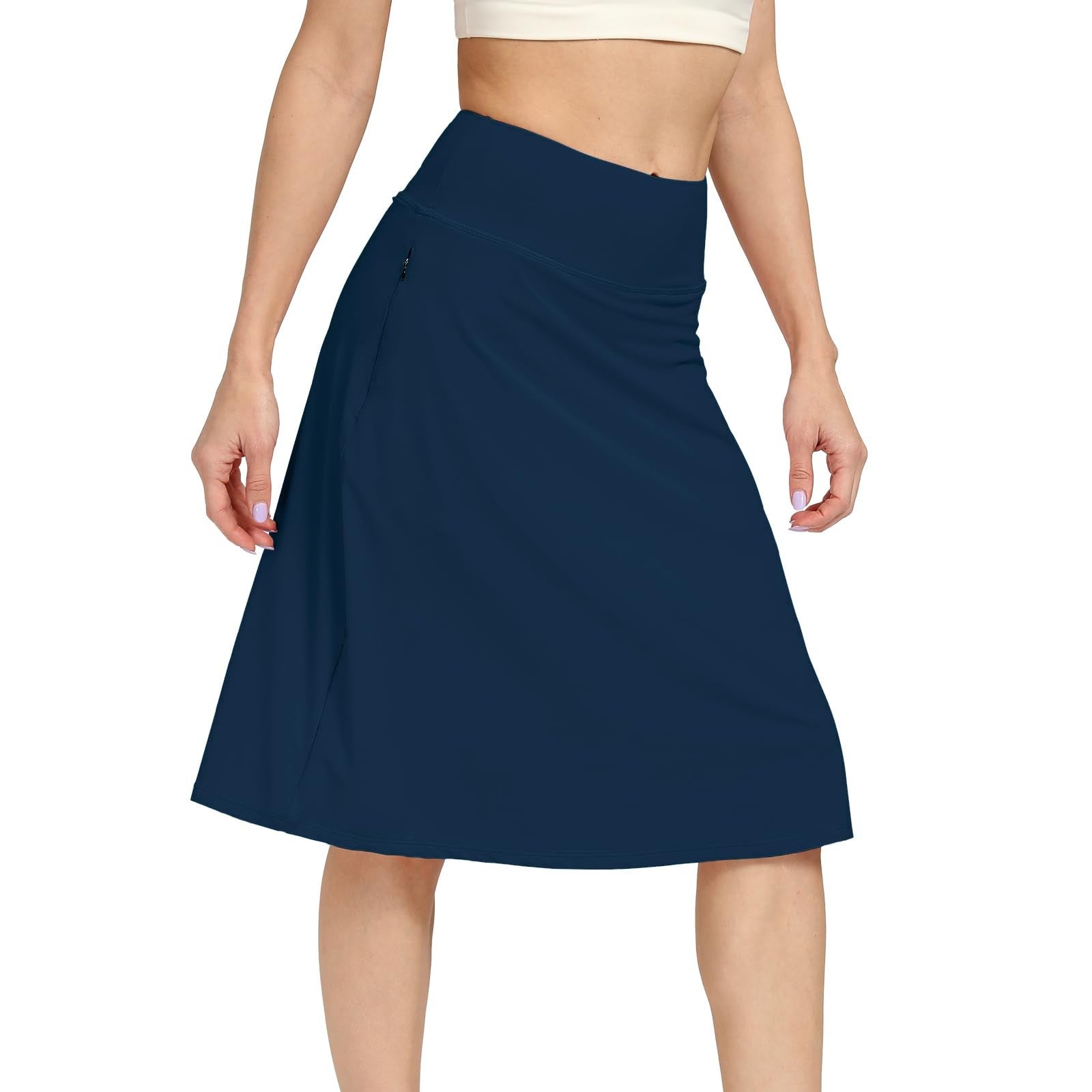 Navy Womens Midi Skirt L - High Waist, Hidden Drawstring, Active Wear
