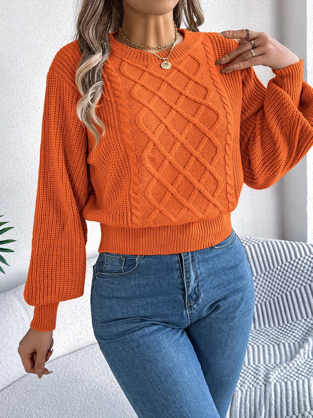 Cable Knit Diamond Pattern Long Sleeve Sweater