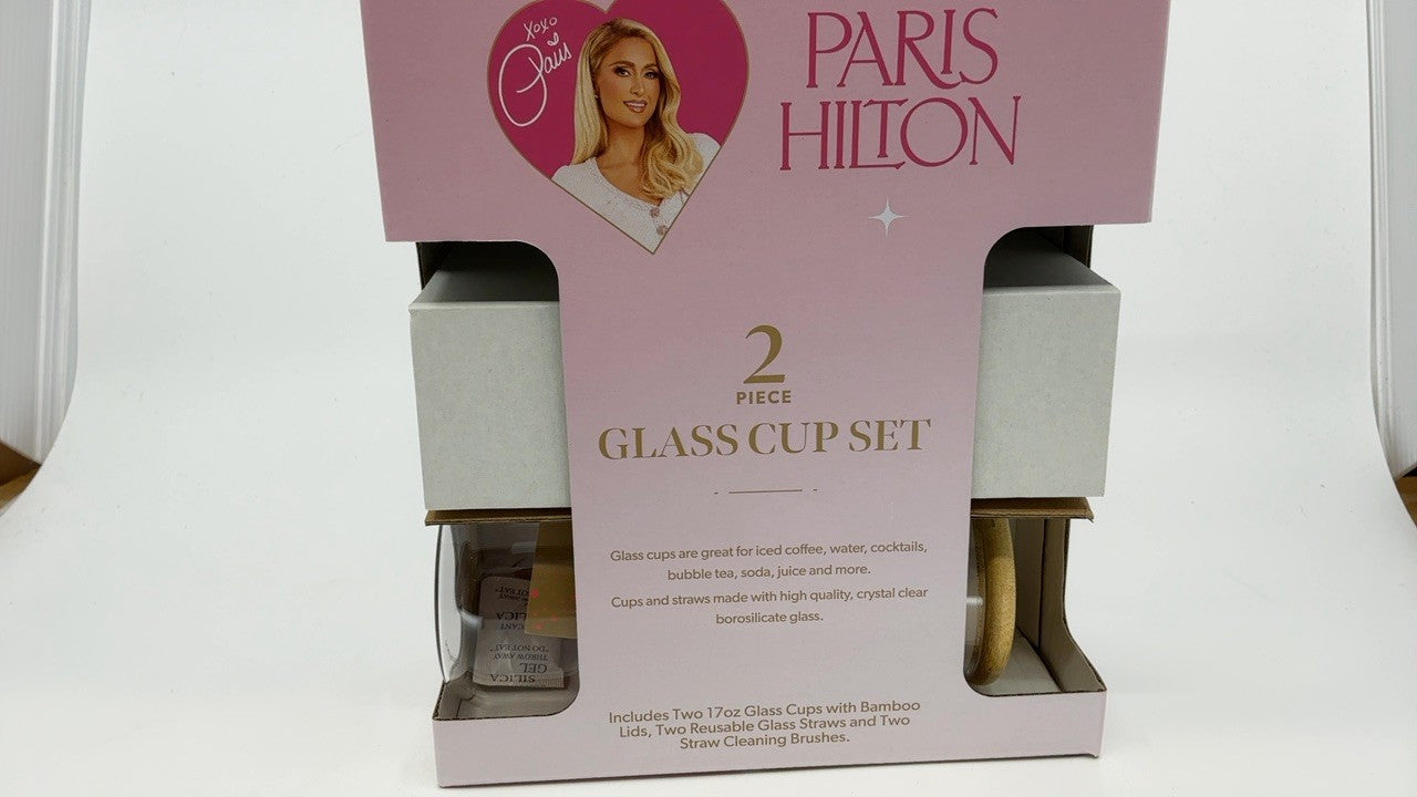 2-Piece Paris Hilton Glass Tumblers Set, 17oz, w/ Bamboo Lids & Cleaning Brushes