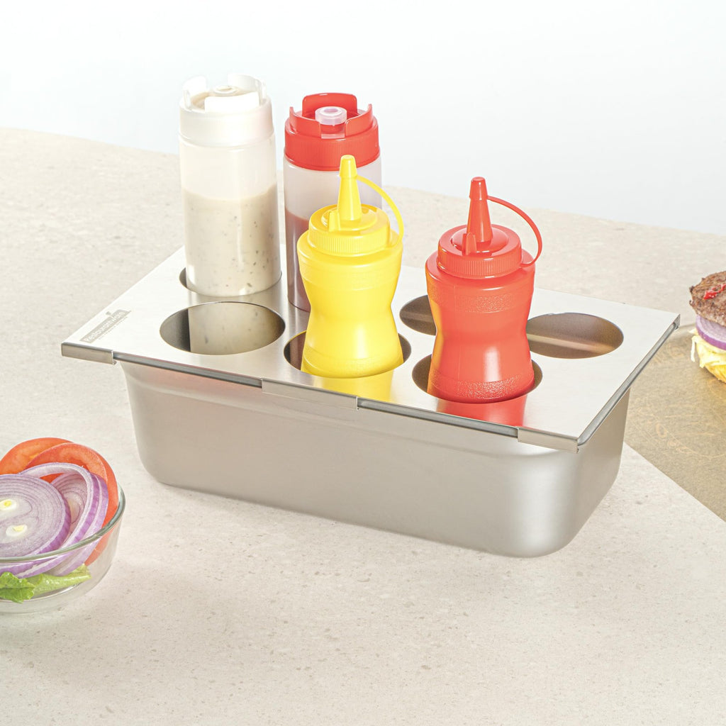 Condiment Squeeze Bottle Holder Top, 7 Holes, Stainless Steel, 1 Count