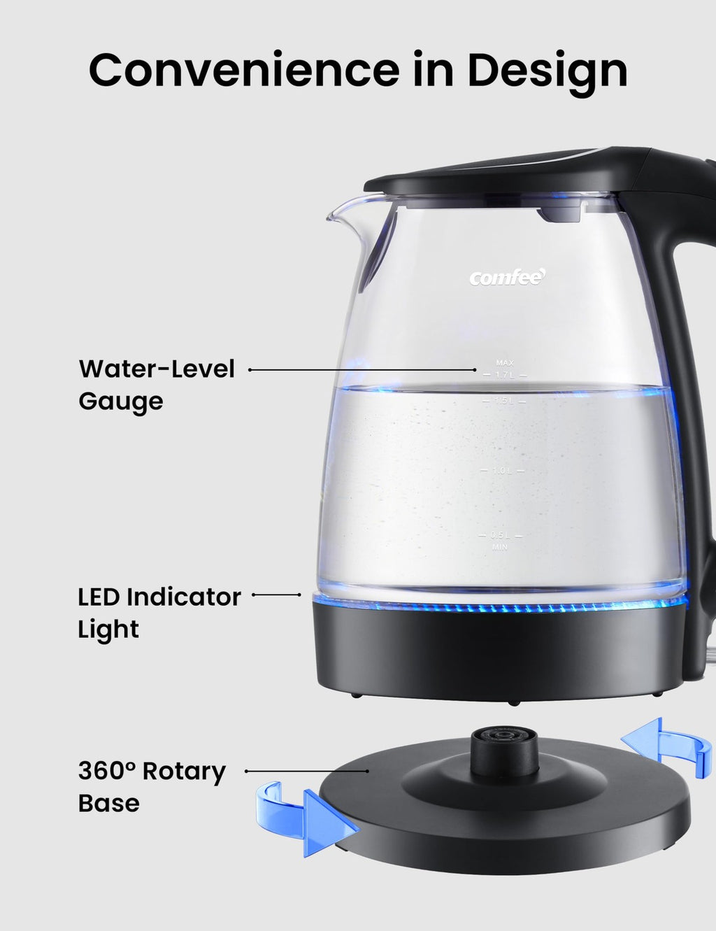 COMFEE' 1.7L Electric Kettle, Fast Boil, Glass, Auto Shut-Off, BPA Free