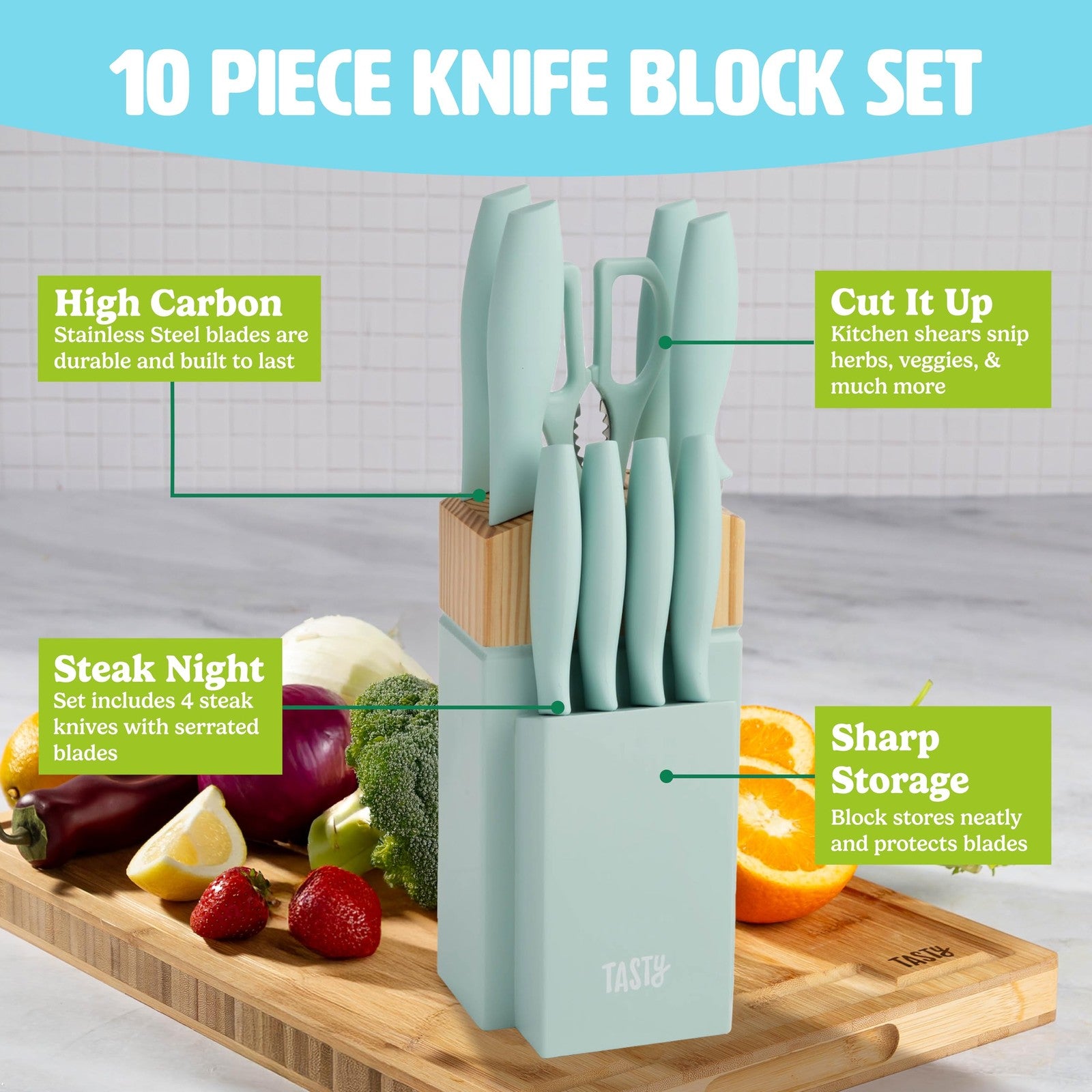 10-Piece Aqua Knife Block Set: Chef, Bread, Utility, Paring, Steak Knives