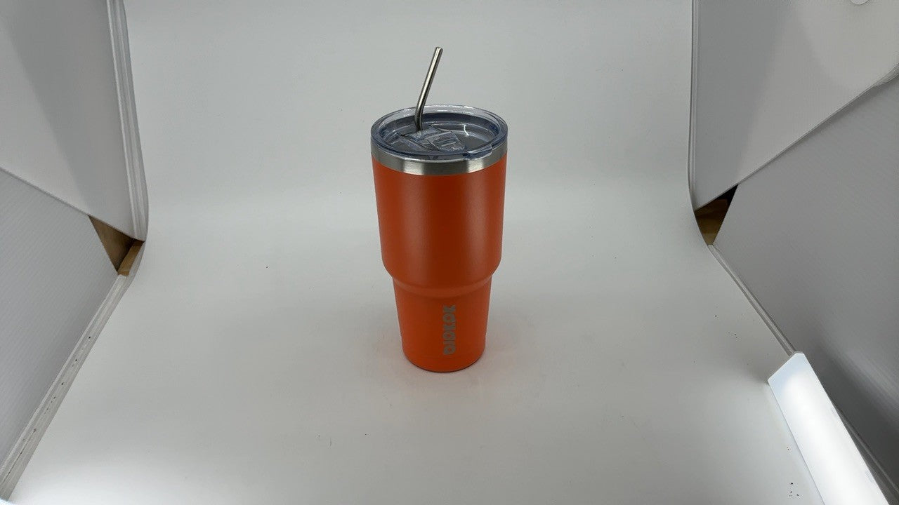 Insulated 30oz Tumbler w/ Clear Flip Lid & Straw, Orange Stainless Steel