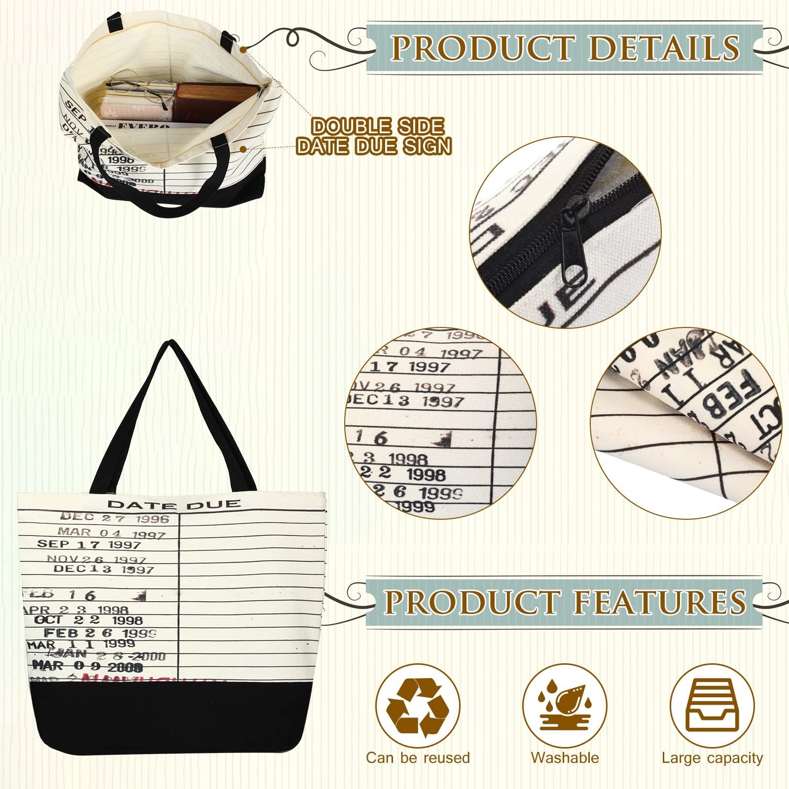 Vintage Library Bag & Cosmetic Pouch, Reusable Canvas, Black/White
