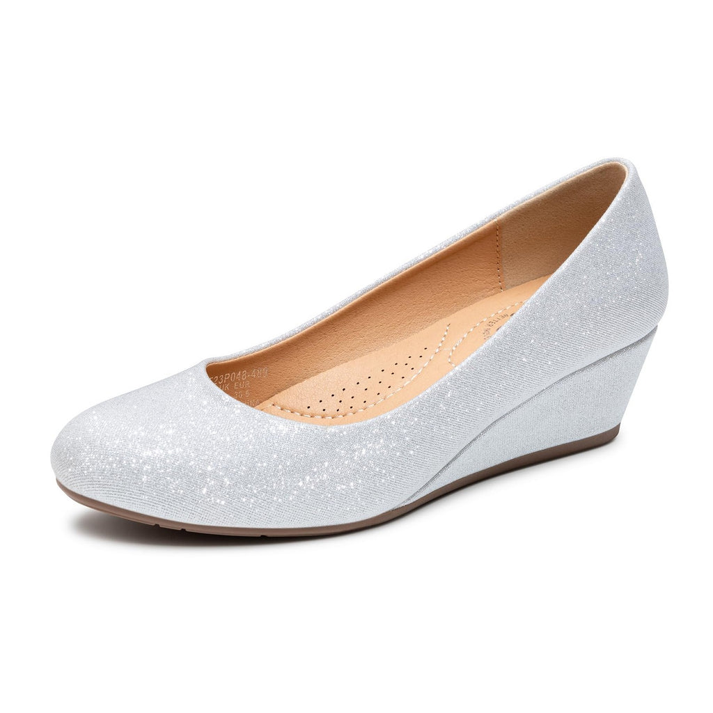 Silver Glitter Wedge Pumps Size 9 Women's Round Toe Mid Heels by Trary