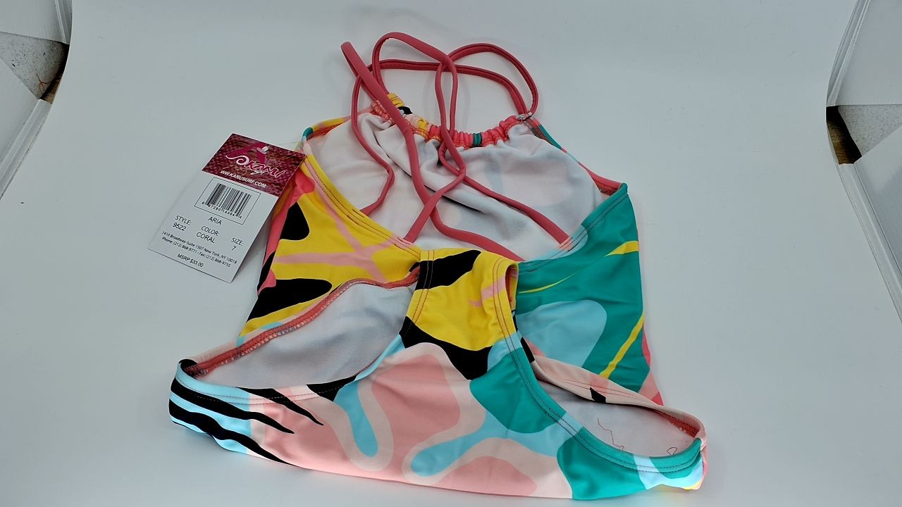 Kanu Surf Girls' Jasmine Beach Sport Halter One Piece Swimsuit, Aria Coral, 7