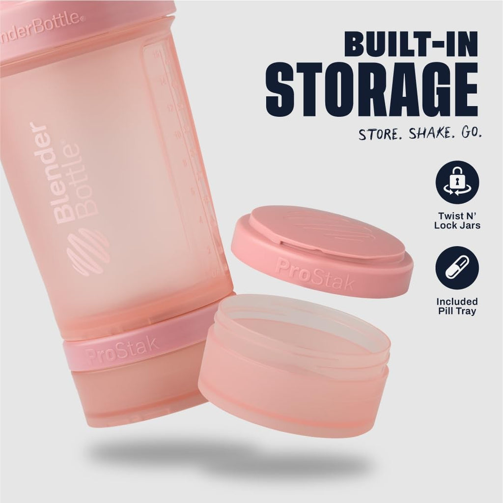 BlenderBottle ProStak Shaker 22oz Rose Pink w/ Pill Organizer & Storage