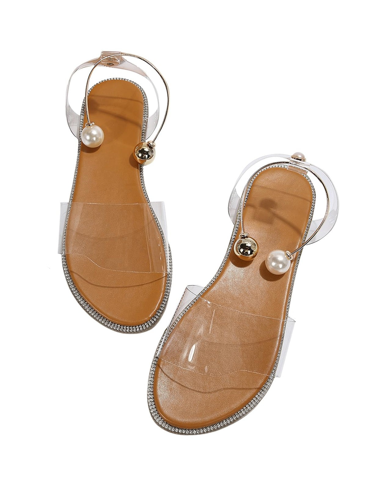 Lightweight Women's Flat Sandals Clear Straps Pearl Decor Apricot 5.5