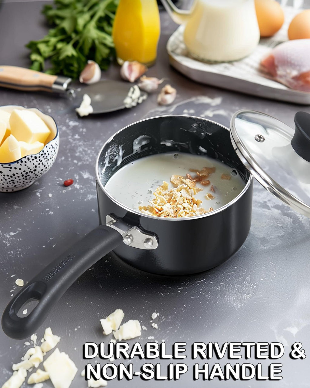 1-Quart Nonstick Saucepan w/ Glass Lid, Black Aluminum Cooking Pot