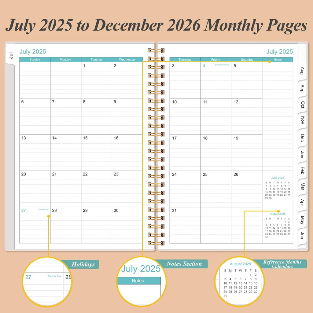 2025-2026 Calendar Planner, 6.4x8.5in, Rose, Tabs & Twin-Wire Binding