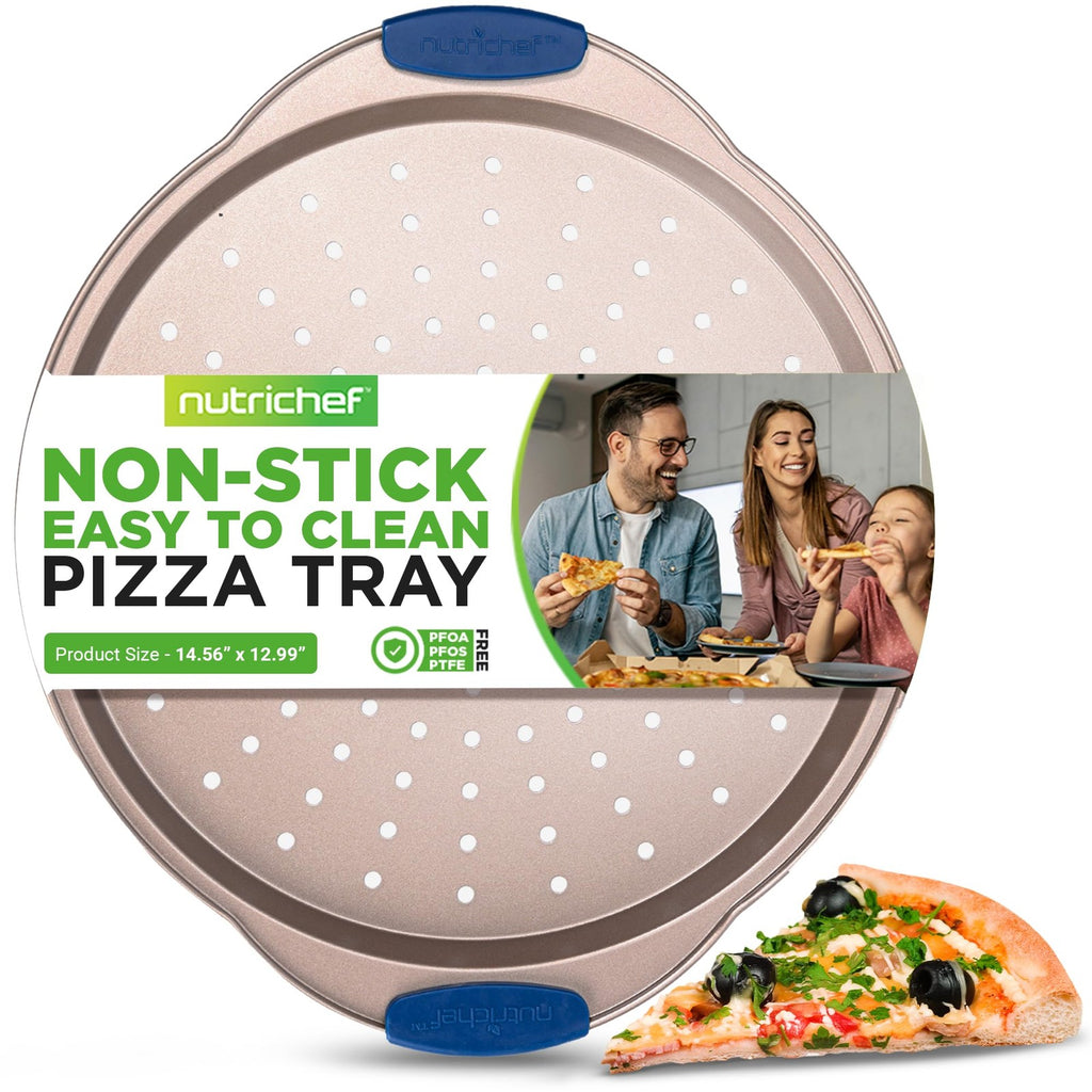 NutriChef 13-Inch Non-Stick Pizza Tray w/ Silicone Handle - Gold