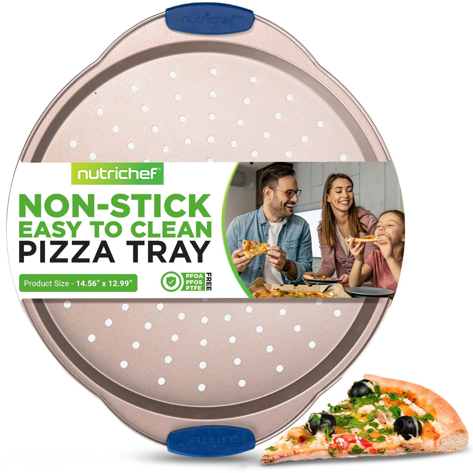 NutriChef 13-Inch Non-Stick Pizza Tray w/ Silicone Handle - Gold