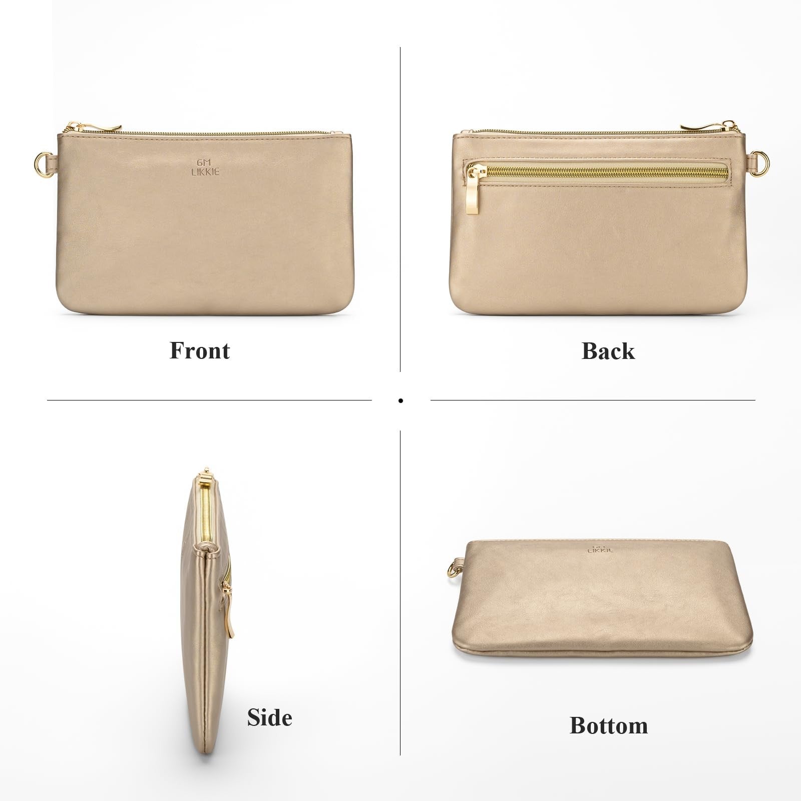 Gold Faux Leather Wristlet Purse w/ Detachable Strap for Women