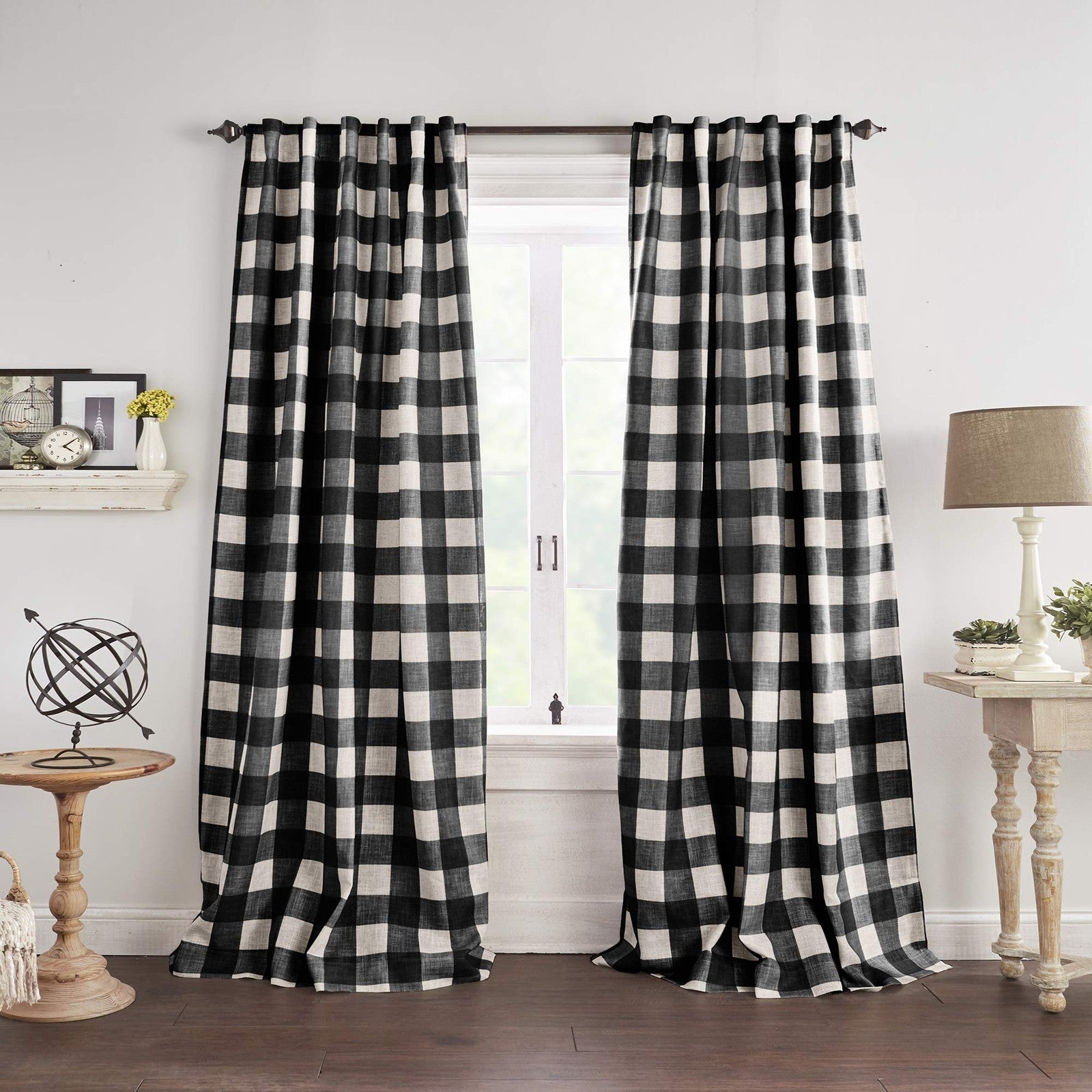Farmhouse Buffalo-Check Blackout Curtain 52x95 Black Rod Pocket Panel