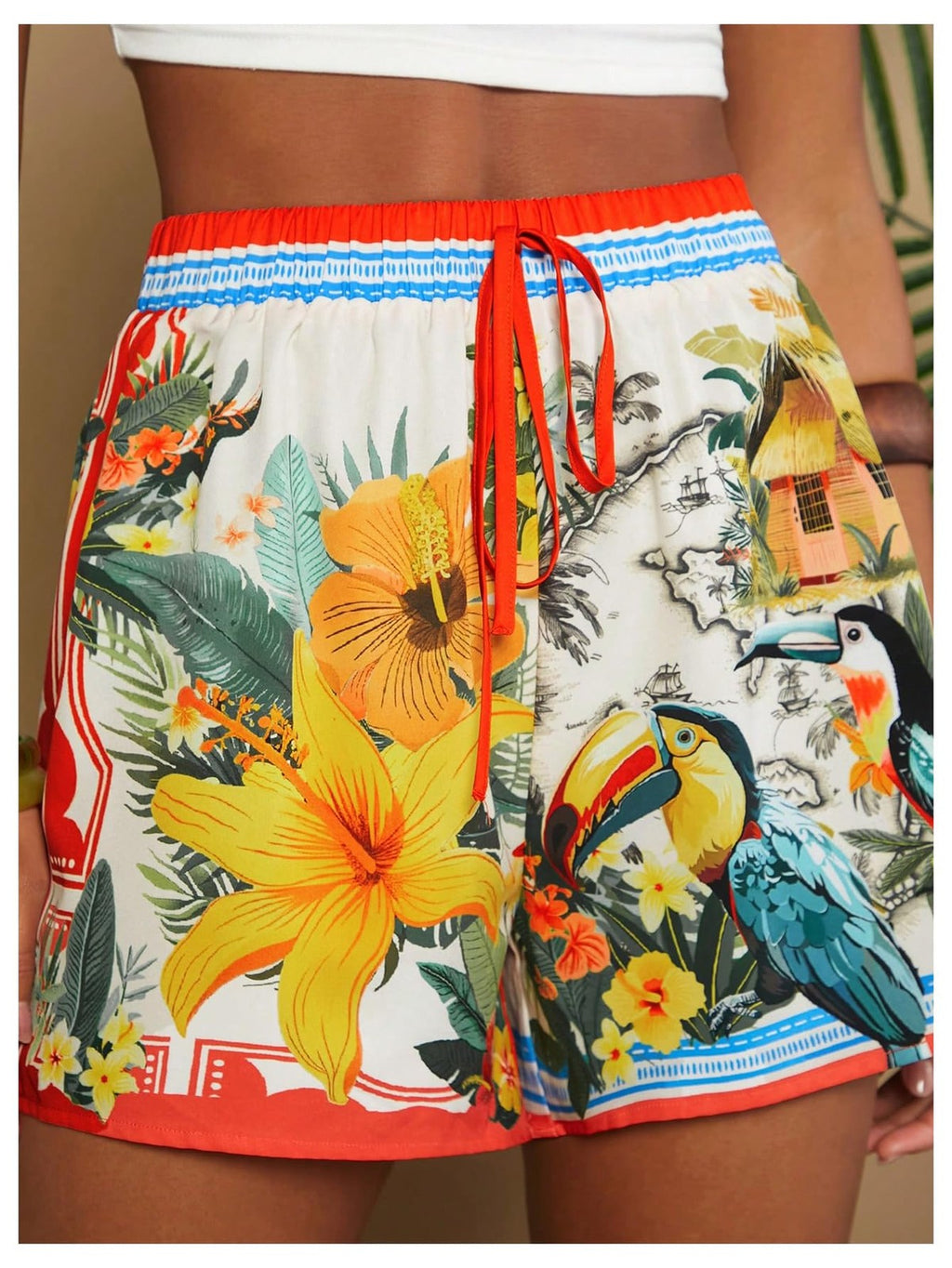Women's Boho Drawstring Summer Shorts Beige Multi Size Small