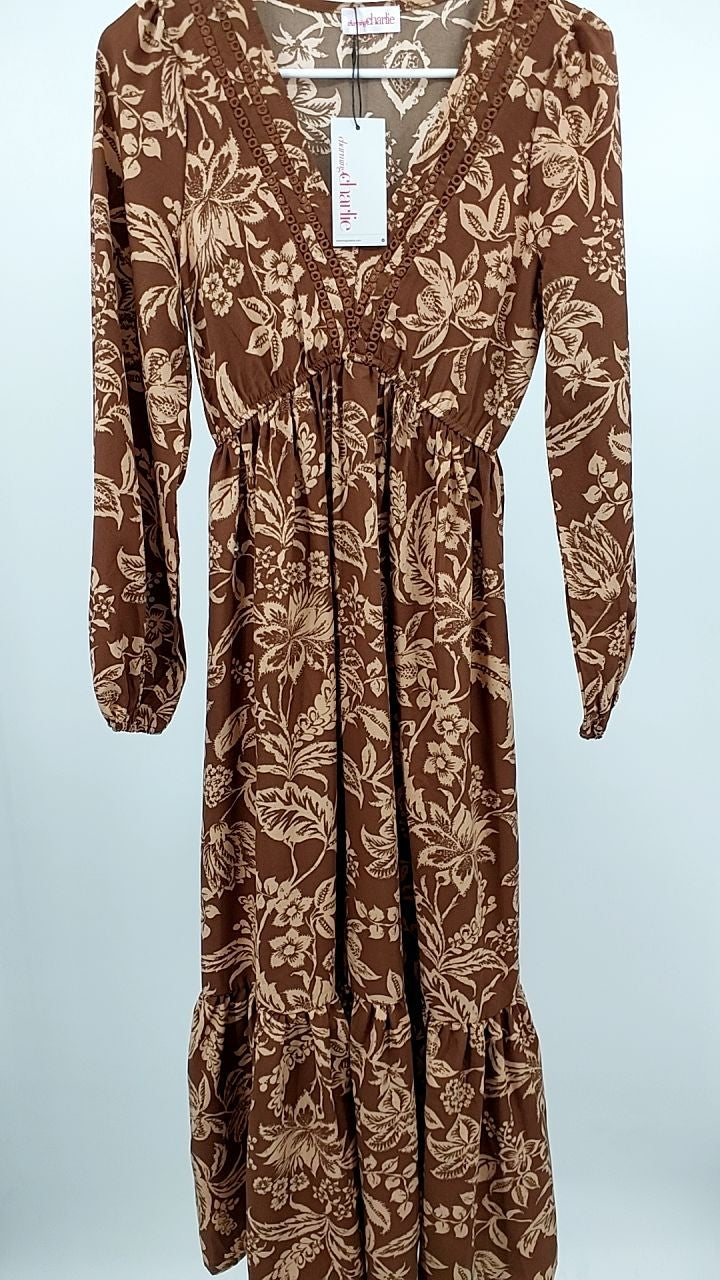 Ruched Printed V-Neck Long Sleeve Midi Dress