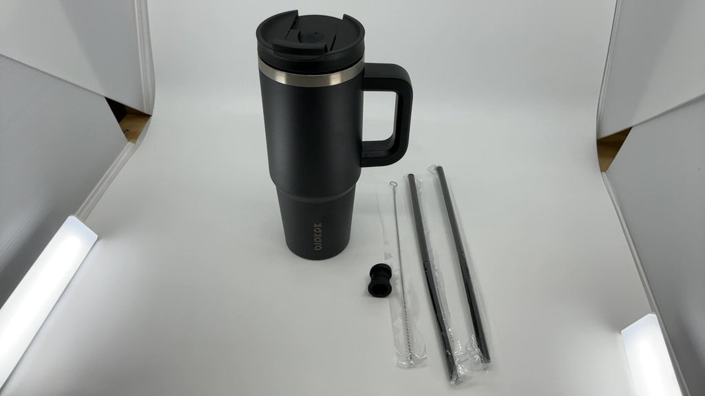 30oz Black Stainless Steel Insulated Tumbler w/ Handle & Straw